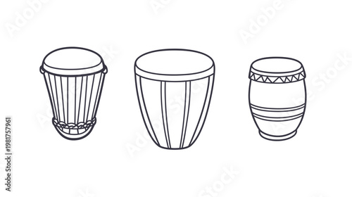 Three drums shown in minimalist outline form, various shapes, against white backdrop
