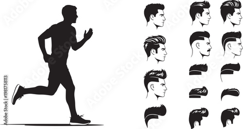 Active Lifestyle & Personal Grooming A Dynamic Silhouette of a Man Running Alongside a Comprehensive Array of Modern Men's Hair and Beard Styles