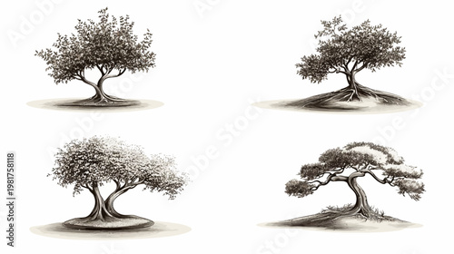 Four vintage-style sketched trees, each different, on a white background. Monochromatic