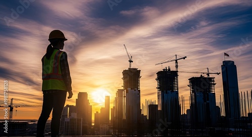 Female Engineer Overseeing Construction Site at Sunset with City Skyline.