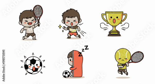 Cartoon Sports Characters in Various Action Poses and Expressions.