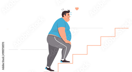 Overweight man struggles to climb stairs, showing physical exertion and challenge.