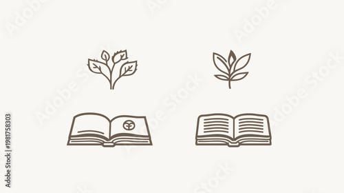 Four line art icons of plants and open books on a creamy white background