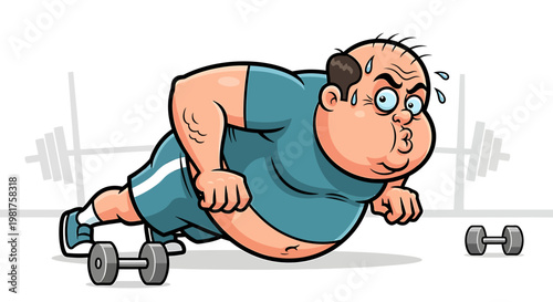 Overweight Man Struggling to Do Push-ups in Gym.