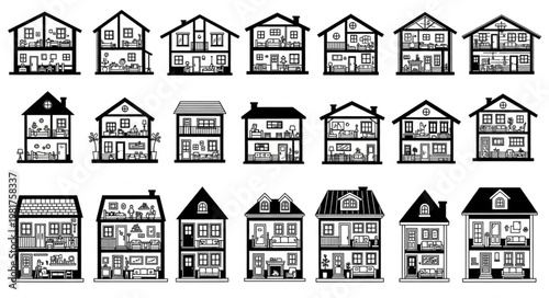 Collection of House Cross Sections Showing Interior Layouts.