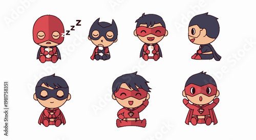Adorable Cartoon Superhero Characters Posing in Different Action Positions.