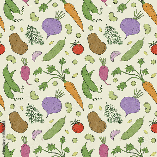 Hand drawn veggies seamless pattern. Illustration for fabric und textile design, wallpaper, packaging, food design, menu design, decoration.
