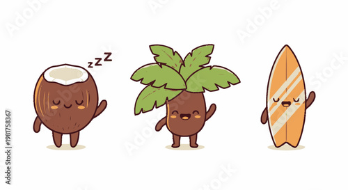 Cute Cartoon Coconut, Palm Tree, and Surfboard Characters Smiling and Waving.
