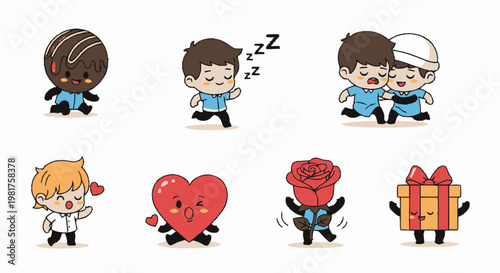 Set of Cute Valentine Cartoon Character Stickers.