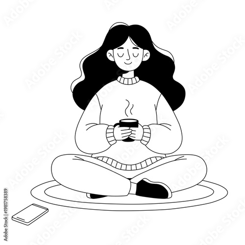 Cozy Young Woman Sitting Cross‑Legged at Home Holding a Hot Cup of Coffee and Relaxing