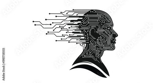 Human profile silhouette rendered with intricate digital circuitry represents the convergence of biological intelligence and artificial neural networks in the future of modern computing research.