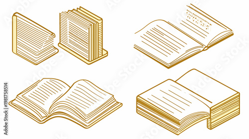 Stylized isometric illustration of four books, two open, two stacked, in gold line art