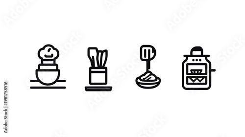 Four line drawings depict cooking elements on a white backdrop