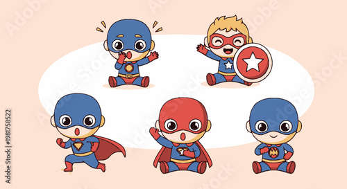 Adorable Cartoon Superhero Characters Posing with Dynamic Expressions and Outfits.
