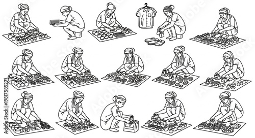 Collection of illustrations showing people performing prayer rituals.