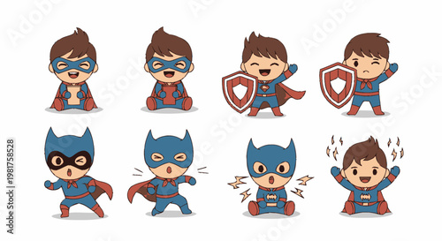 Adorable Cartoon Superhero Characters Posing with Capes and Masks.
