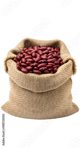 Red kidney beans in burlap sack isolated on transparent background