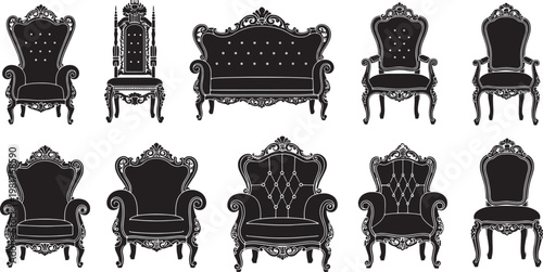 Elegant vector collection of ornate antique chairs, armchairs, and regal thrones. Luxurious classic carved and upholstered furniture for vintage interior design