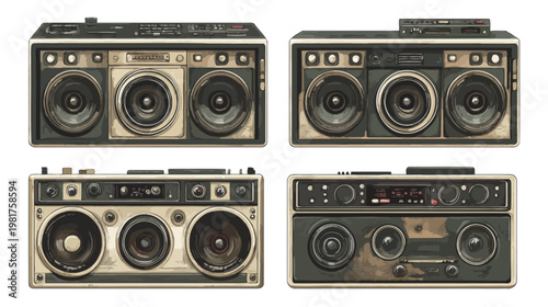 Four boomboxes in watercolor style, showing different design