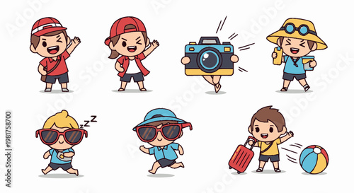 Cute cartoon characters enjoying summer vacation adventures with various props.