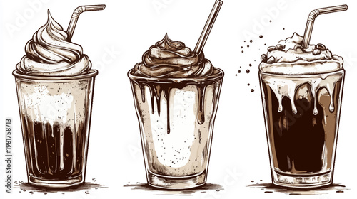 Three sketch-style glasses filled with layered drinks and topped with whipped cream