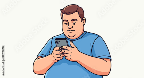Overweight young man in a blue shirt using his smartphone.