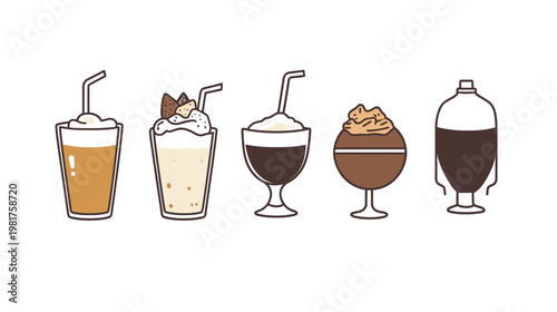 Cartoon drawing of five different beverages lined up against a white background