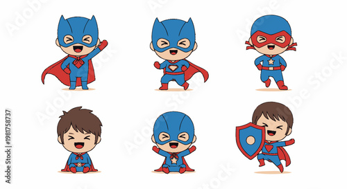 Adorable Cartoon Superhero Characters Posing with Dynamic Expressions.