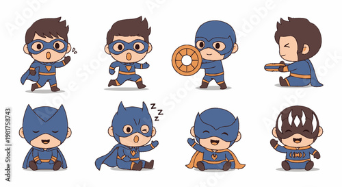 Adorable Cartoon Superhero Characters Posing with Various Actions and Expressions.