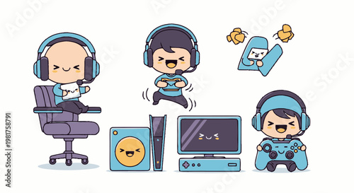 Cheerful cartoon gamers enjoying video games with gaming accessories and equipment.