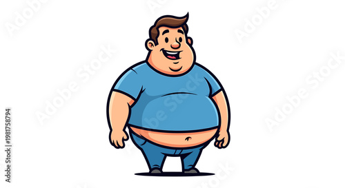 Smiling overweight cartoon man in a blue t-shirt.