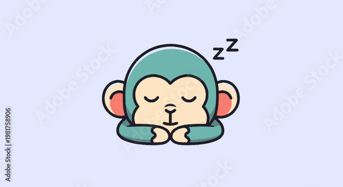 Adorable Cartoon Monkey Sleeping Peacefully on a Light Blue Background.
