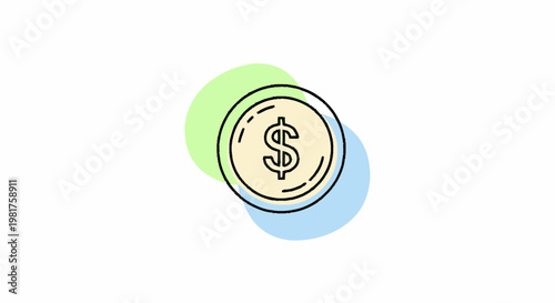 Simple Dollar Coin Icon with Colorful Background Elements.