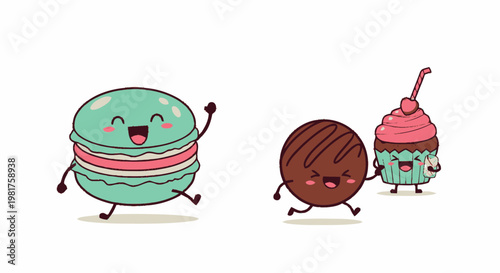 Cheerful cartoon macarons and desserts running happily together on white background.