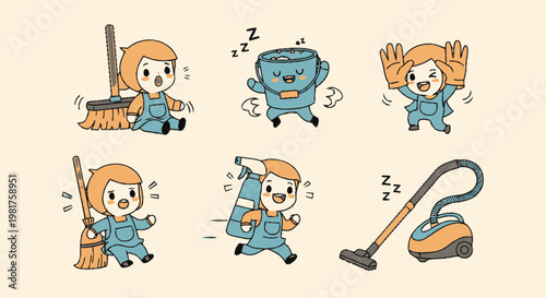 Cartoon Cleaning Crew - Adorable Characters Performing Various Cleaning Tasks.