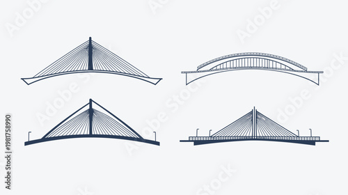 Four different navy blue bridge designs on a white background, in a linear style