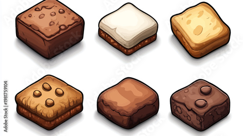 Isometric cartoon desserts six square pastries with various toppings on a white field