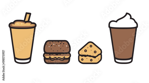 Cartoon graphic featuring drinks and food. Isolated on white background, thick outlines