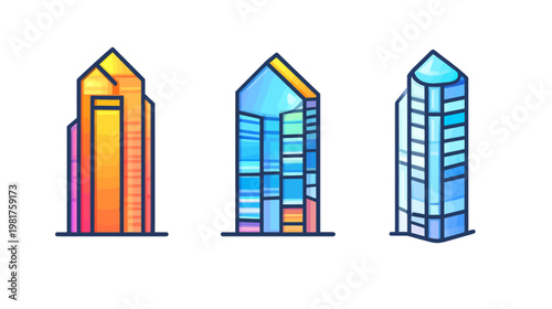 Three stylized, isolated high-rise buildings with various warm and cool tone palettes