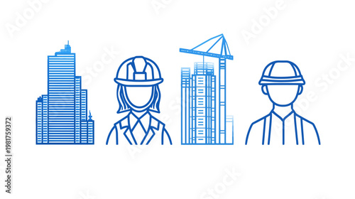 Blue line illustration of buildings, crane, and construction workers