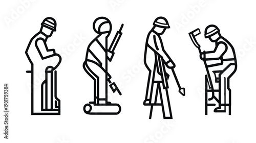 Linear illustrations show workers wearing helmets performing various manual labor tasks