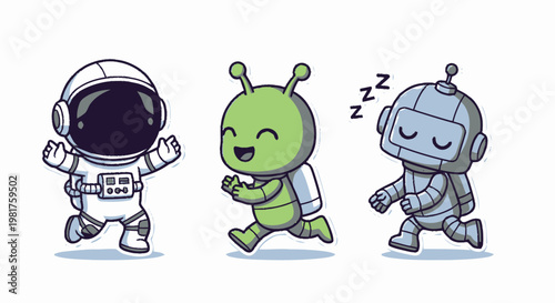 Cute Cartoon Astronaut, Alien, and Robot Characters Running Together.