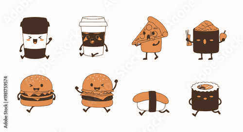 Delightful Cartoon Food Characters - Coffee, Pizza, Sushi, Burgers, and More.