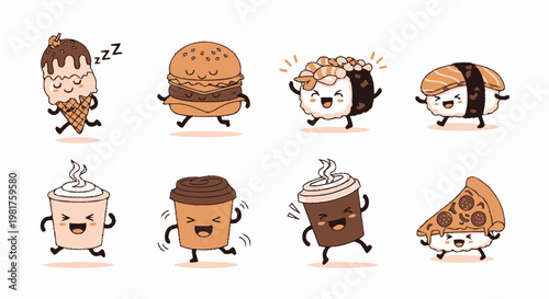 Delightful Cartoon Food Characters Dancing and Smiling Joyfully on White Background.