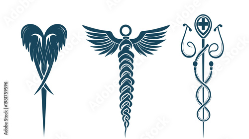 Three blue-toned medical emblems, detailed and intricate, on a clean white background