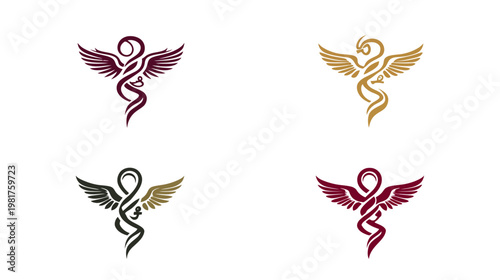 Four stylized winged serpent symbols in differing color schemes on white