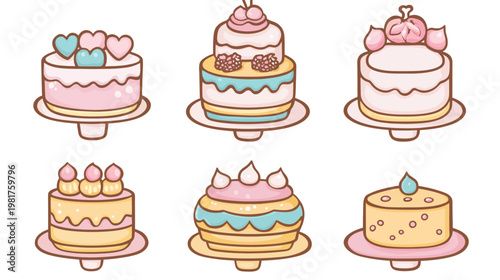 Six cute stylized cakes with different toppings and pastel icing on cake stands