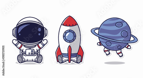Cute Cartoon Astronaut, Rocket, and Planet in Space Illustration.