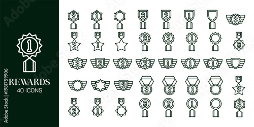 Reward and Loyalty Icon Set with Trophy, Badge, Coupon, Medal and Achievement Symbols Vector Collection