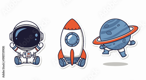 Cute Cartoon Astronaut, Rocket, and Planet Stickers for Space Exploration.